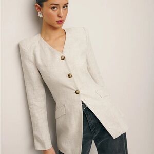 Reformation Larsen Linen V Neck Button Fitted Suit Blazer Jacket Oatmeal Ivory